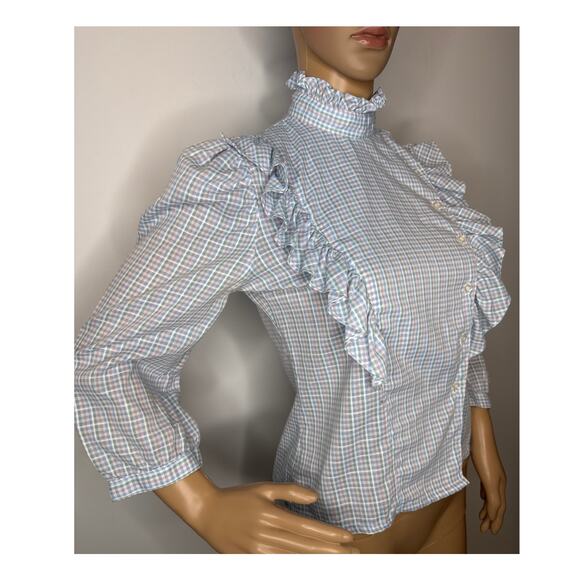 Vintage 1980s Stuart Lang Ruffle blue white Plaid High Neck Prairie Blouse small - Picture 4 of 16